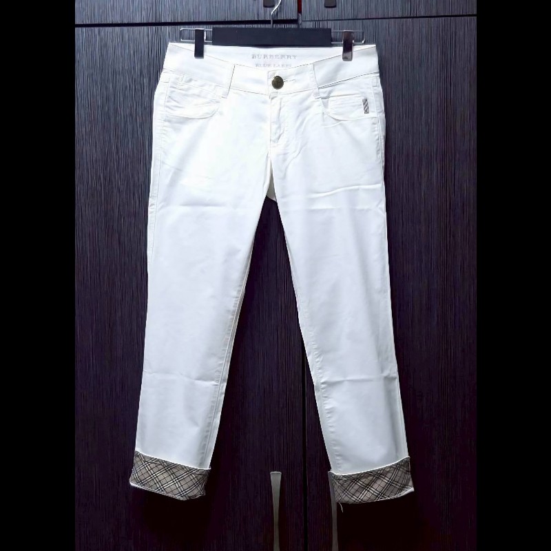 絕版BURBERRY 博柏利 BLUE LABEL 藍標 戰馬 女米白色超彈性反折格紋褲管休閒褲38號-0