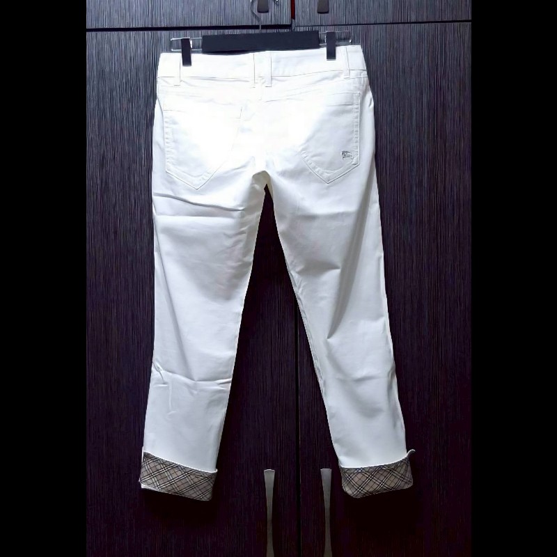 絕版BURBERRY 博柏利 BLUE LABEL 藍標 戰馬 女米白色超彈性反折格紋褲管休閒褲38號-1