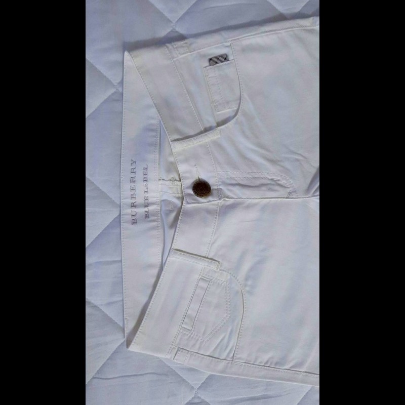 絕版BURBERRY 博柏利 BLUE LABEL 藍標 戰馬 女米白色超彈性反折格紋褲管休閒褲38號-2