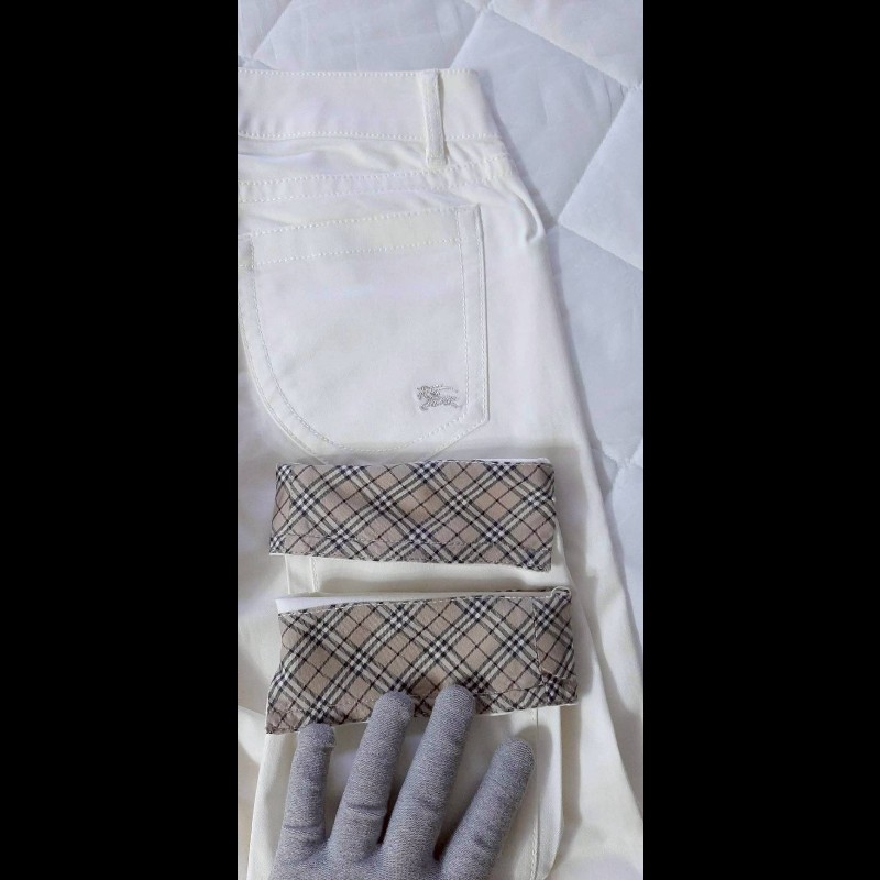 絕版BURBERRY 博柏利 BLUE LABEL 藍標 戰馬 女米白色超彈性反折格紋褲管休閒褲38號-5