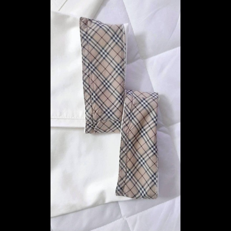 絕版BURBERRY 博柏利 BLUE LABEL 藍標 戰馬 女米白色超彈性反折格紋褲管休閒褲38號-6