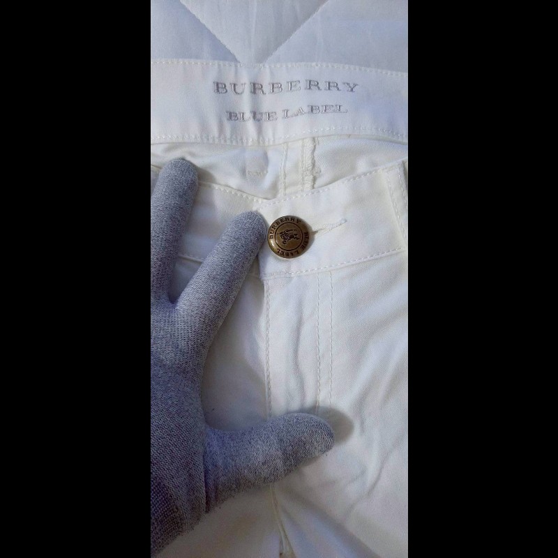 絕版BURBERRY 博柏利 BLUE LABEL 藍標 戰馬 女米白色超彈性反折格紋褲管休閒褲38號-7