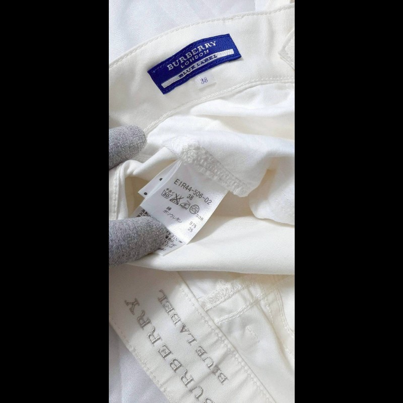 絕版BURBERRY 博柏利 BLUE LABEL 藍標 戰馬 女米白色超彈性反折格紋褲管休閒褲38號-8
