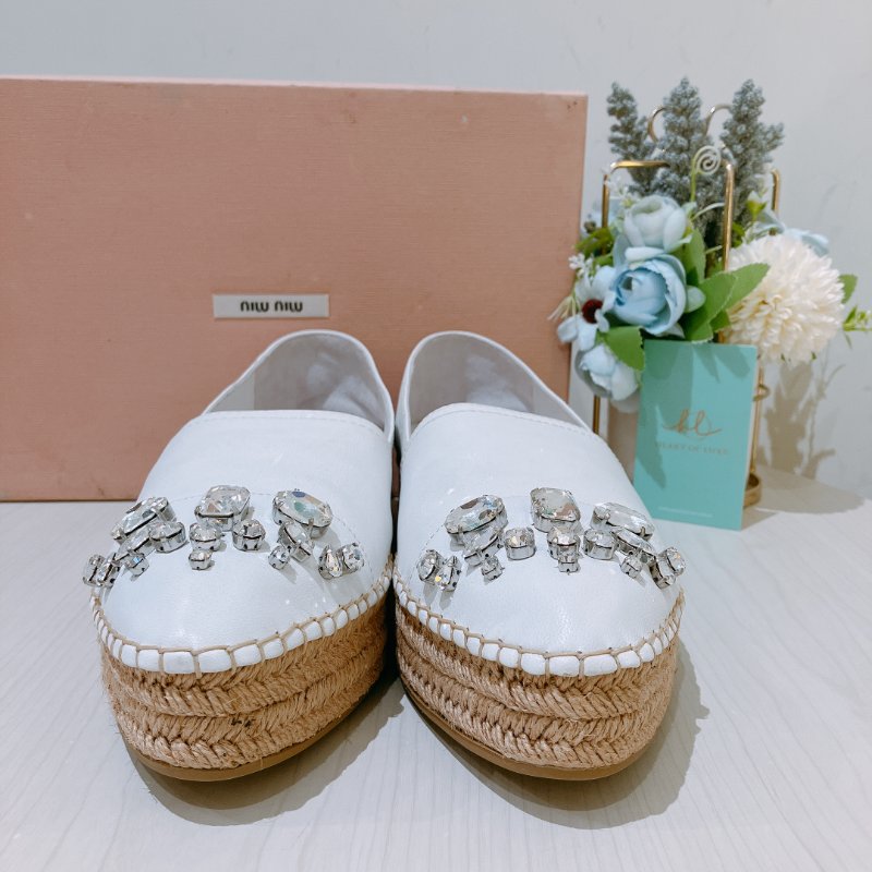 TK1998	Miu Miu White Leather Crystal Embellished Espadrille Loafers Size 41-1