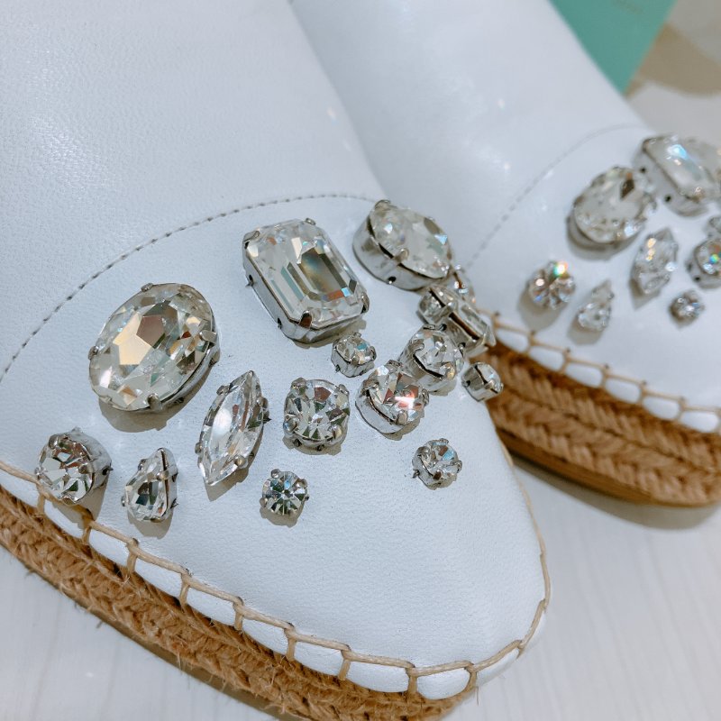 TK1998	Miu Miu White Leather Crystal Embellished Espadrille Loafers Size 41-3