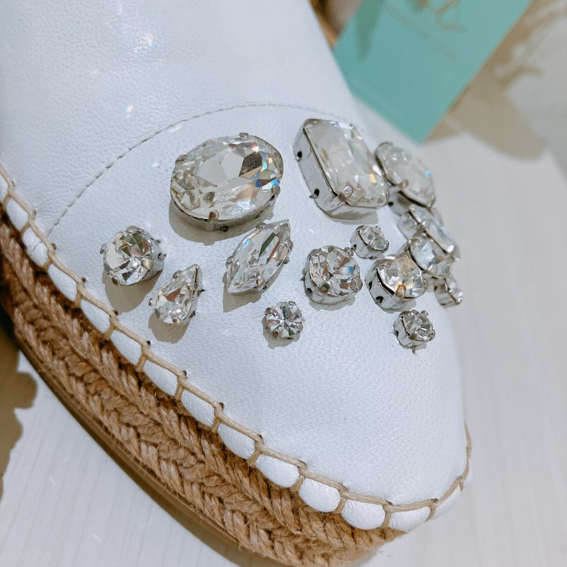 TK1998	Miu Miu White Leather Crystal Embellished Espadrille Loafers Size 41-4