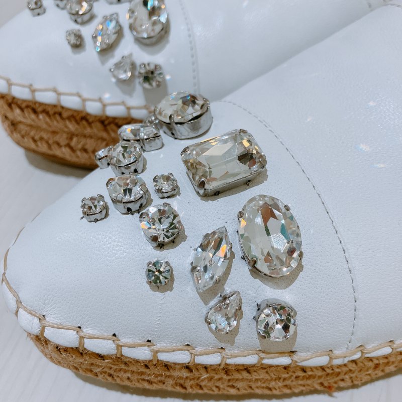 TK1998	Miu Miu White Leather Crystal Embellished Espadrille Loafers Size 41-5