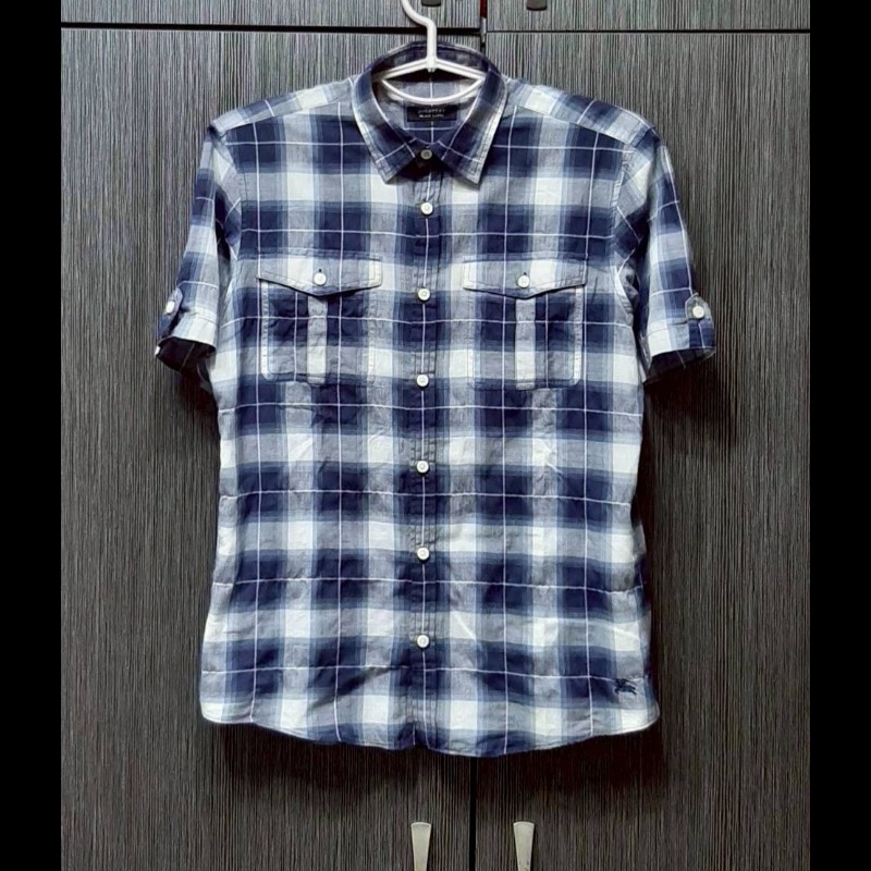 絕版BURBERRY 博柏利 BLACK LABEL 黑標 戰馬 男格紋短袖襯衫2號-0