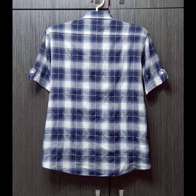 絕版BURBERRY 博柏利 BLACK LABEL 黑標 戰馬 男格紋短袖襯衫2號-1