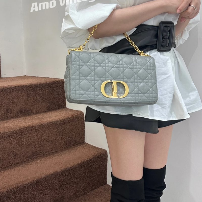 DIOR Caro藤格紋斜背包 - 中號灰金-14
