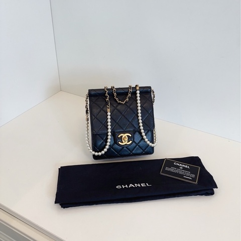 【98新🆕】Chanel 黑金 珍珠鏈條 竪版CF方胖子 翻蓋斜挎包