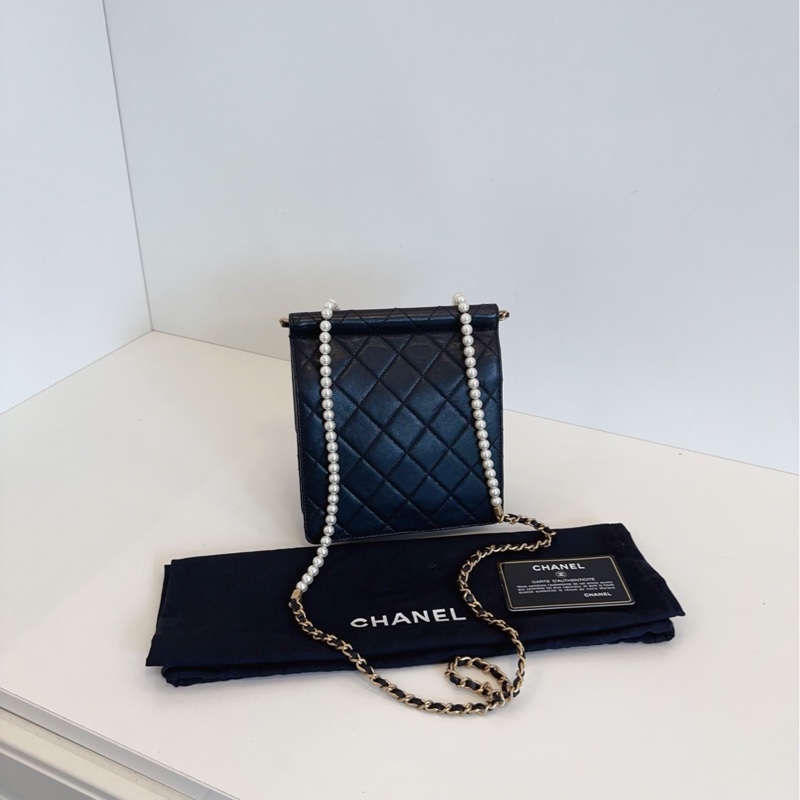 【98新🆕】Chanel 黑金 珍珠鏈條 竪版CF方胖子 翻蓋斜挎包-2