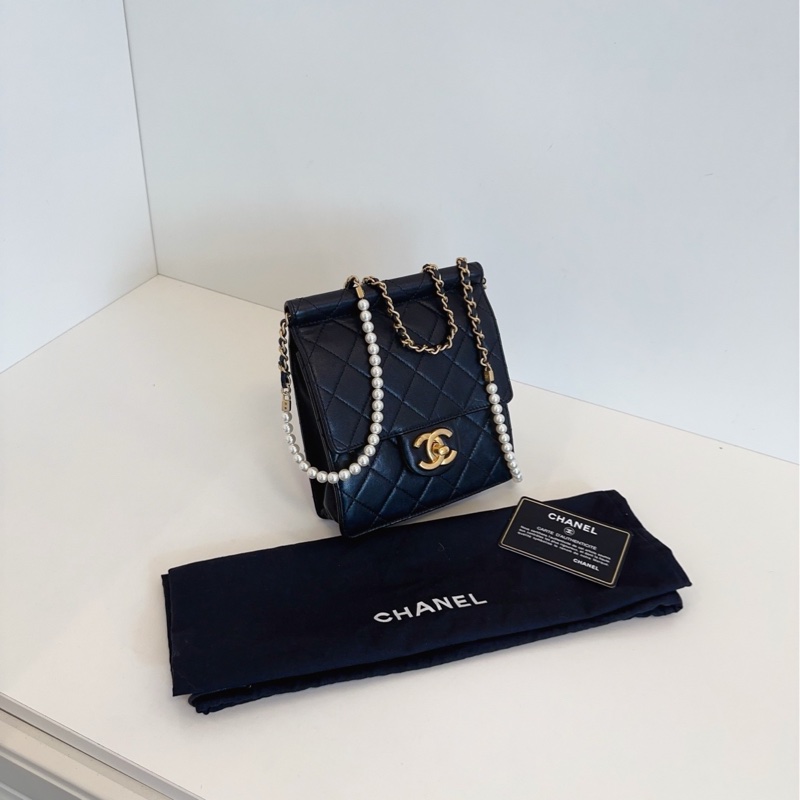 【98新🆕】Chanel 黑金 珍珠鏈條 竪版CF方胖子 翻蓋斜挎包-3