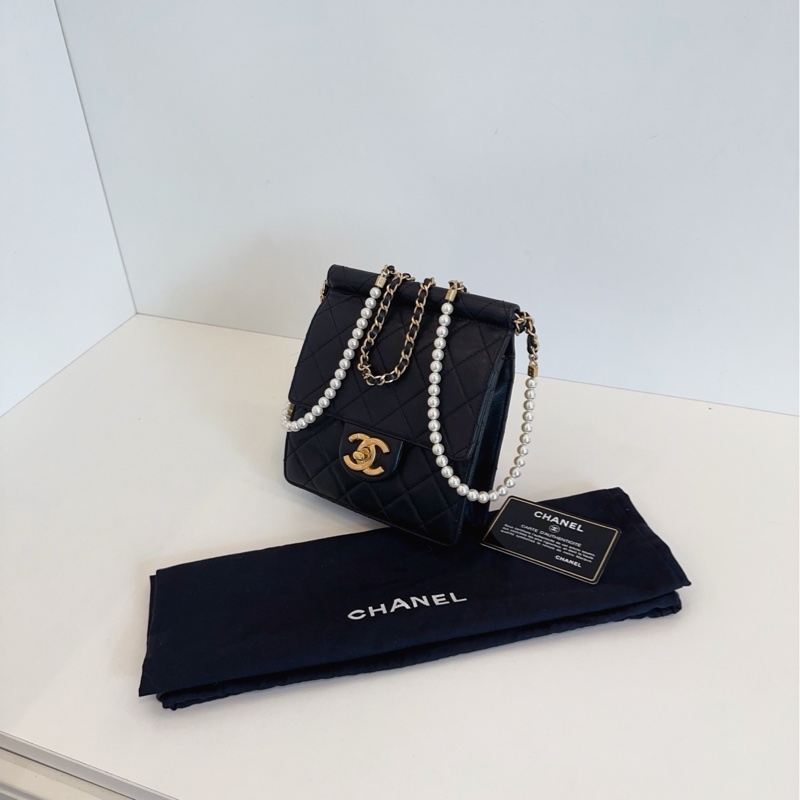 【98新🆕】Chanel 黑金 珍珠鏈條 竪版CF方胖子 翻蓋斜挎包-4