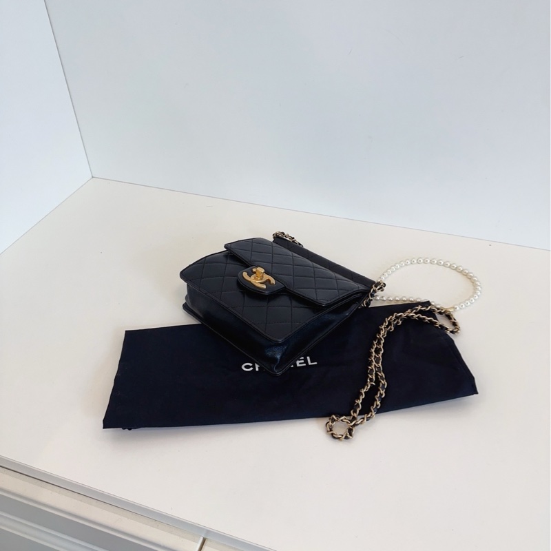【98新🆕】Chanel 黑金 珍珠鏈條 竪版CF方胖子 翻蓋斜挎包-5