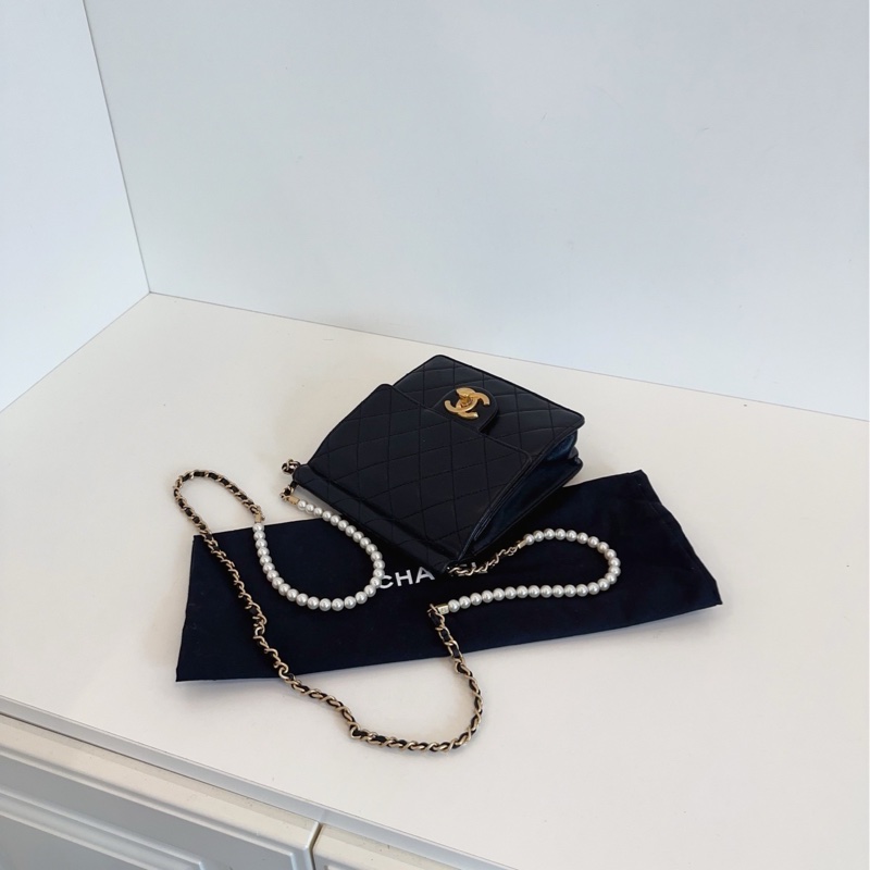 【98新🆕】Chanel 黑金 珍珠鏈條 竪版CF方胖子 翻蓋斜挎包-6