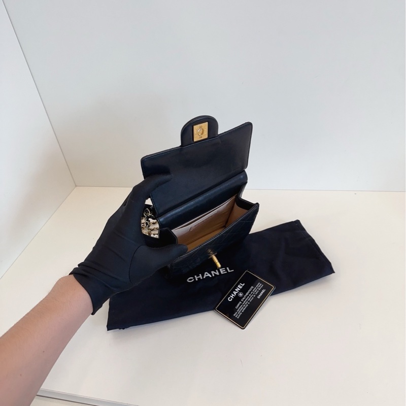 【98新🆕】Chanel 黑金 珍珠鏈條 竪版CF方胖子 翻蓋斜挎包-7