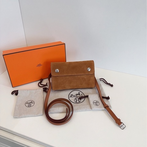 【未使用全套🆕】HERMES snap wallet金棕銀扣 麂皮拼皮 W刻 斜挎包