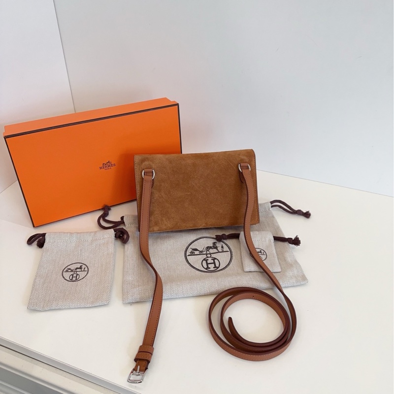 【未使用全套🆕】HERMES snap wallet金棕銀扣 麂皮拼皮 W刻 斜挎包-1