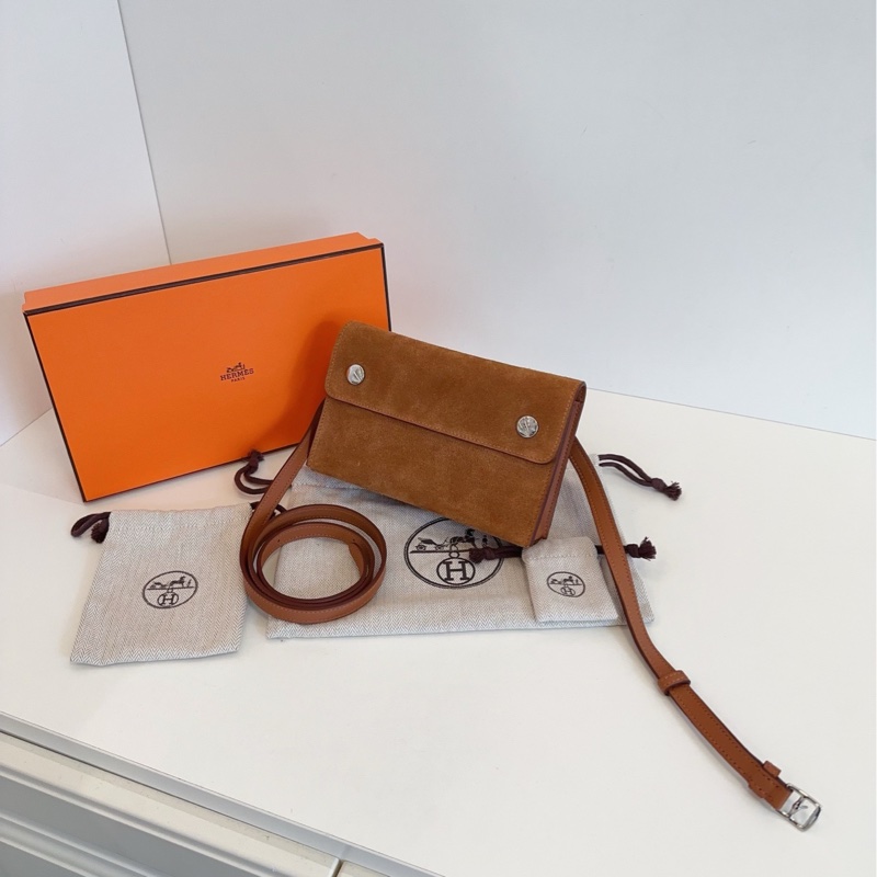 【未使用全套🆕】HERMES snap wallet金棕銀扣 麂皮拼皮 W刻 斜挎包-2
