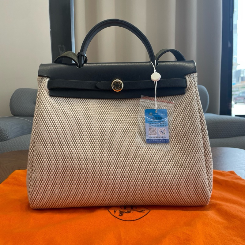 Hermes愛馬仕herbag帆布熊貓黑白拼色手提單肩包原始好成色-0