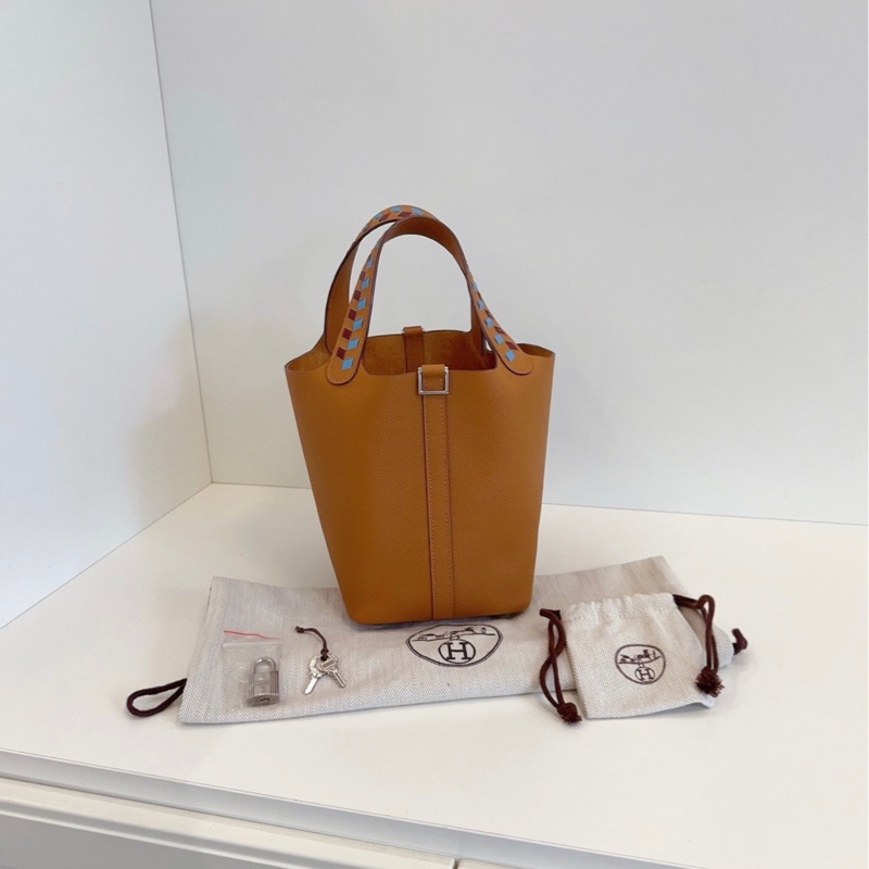 【99新🆕】Hermes Picotin菜籃子18 限量編織手柄款金棕色銀扣 手提包-0