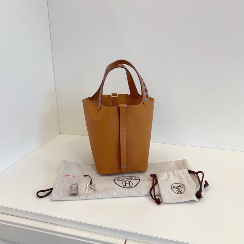 【99新🆕】Hermes Picotin菜籃子18 限量編織手柄款金棕色銀扣 手提包-2