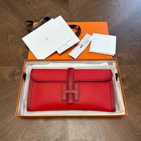 全新閒置Hermes愛馬仕jigeElan29辣椒紅手拿包，21年Z刻大全套
