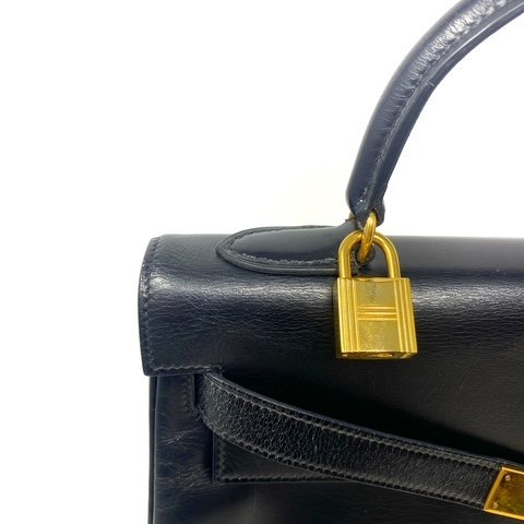 愛馬仕 Kelly 32 Box 皮 黑色 黑金 凱莉包 手提包 肩背包 金扣 GHW-13
