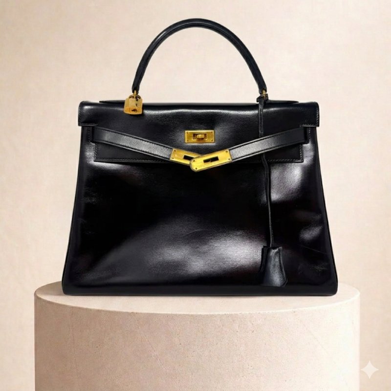 Hermes 愛馬仕 Kelly 32 Box 皮 黑色 黑金 凱莉包 手提包 肩背包 金扣 GHW-0