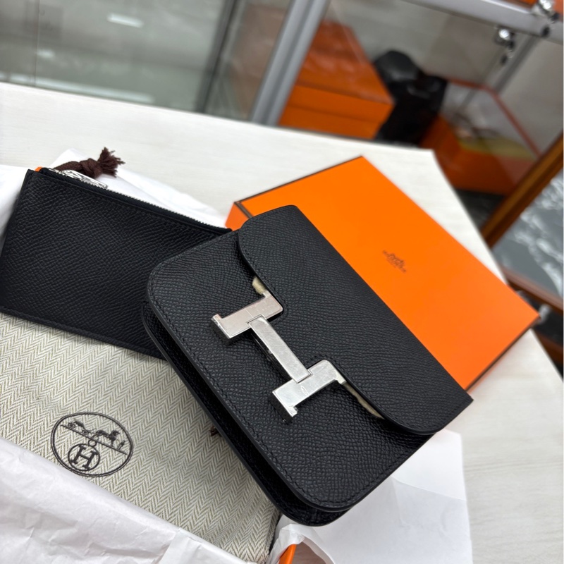 【閒置新】 Hermes 黑銀康康Slim子母包 w刻e皮 斜挎包-5
