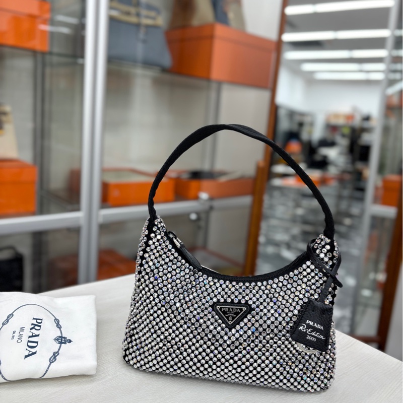 【99新】 Prada Crystal Re-edition黑色釘珠Hobo 單肩包-0