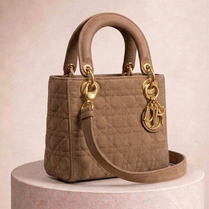 迪奧 Dior Mini Lady Dior 米色 帆布 三格 黛妃包 戴妃包 迷你 手挽肩背兩用袋 手提包 斜背包 金扣 GHW-0