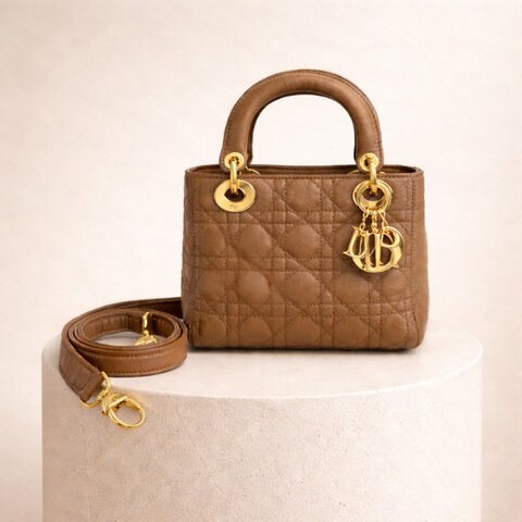 迪奧 Dior Mini Lady Dior 米色 帆布 三格 黛妃包 戴妃包 迷你 手挽肩背兩用袋 手提包 斜背包 金扣 GHW