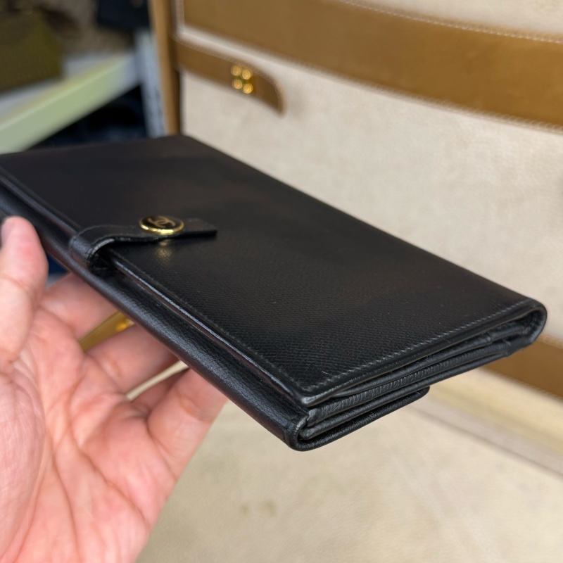 上架中🔑Chanel 黑皮革雙C釦發財長夾-5