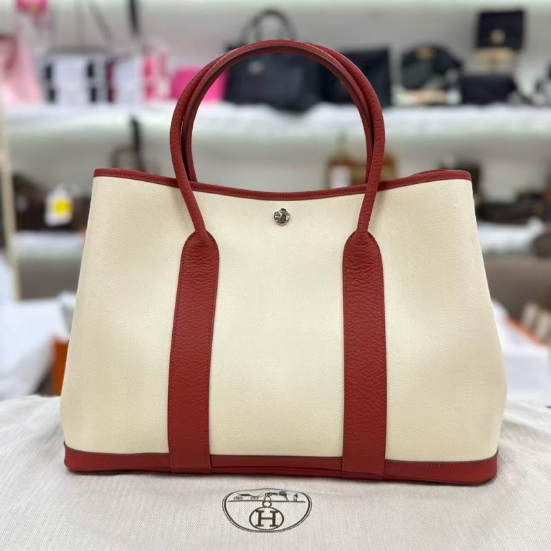 閒置新 Hermes愛馬仕Garden Party30 花園包30酒紅色拼米色帆布拼皮 銀扣 經典托特購物袋 熱門款手提單肩包-7