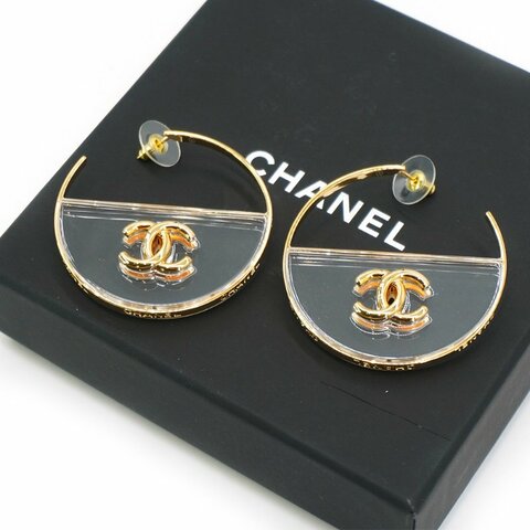 Chanel 圓框壓克力雙C logo耳環(金)