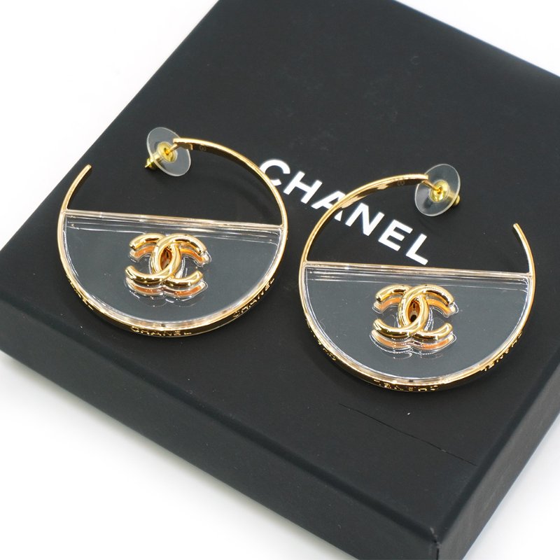 Chanel 圓框壓克力雙C logo耳環(金)-0