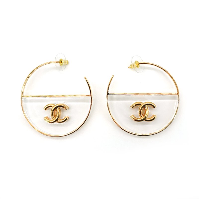 Chanel 圓框壓克力雙C logo耳環(金)-1