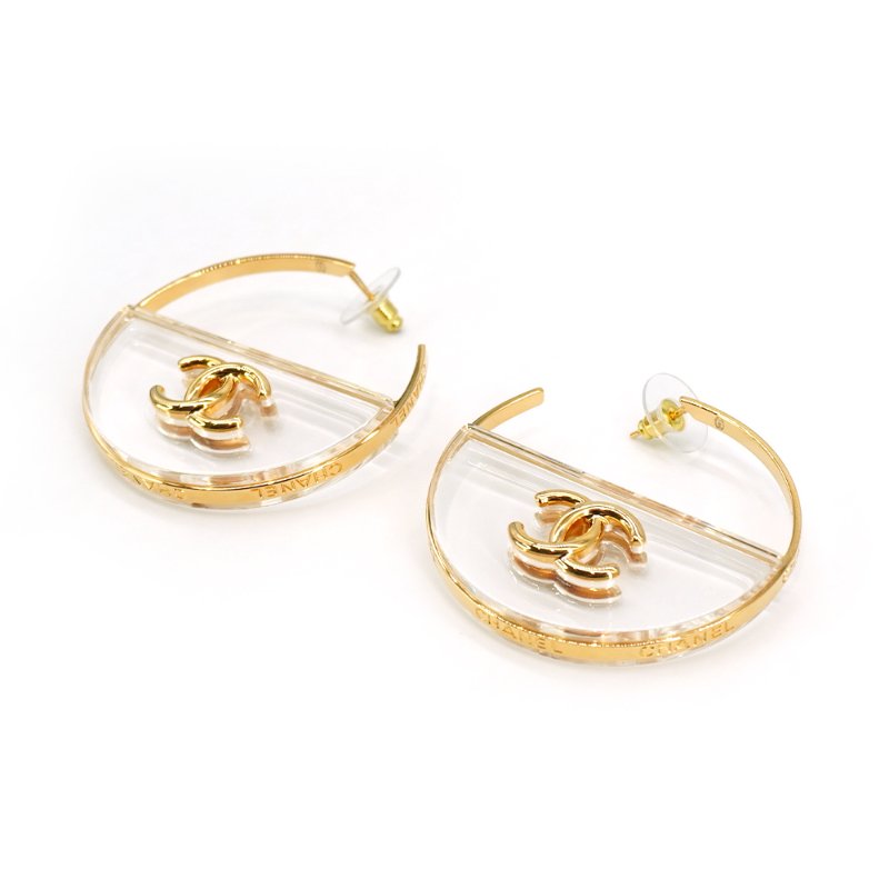 Chanel 圓框壓克力雙C logo耳環(金)-2