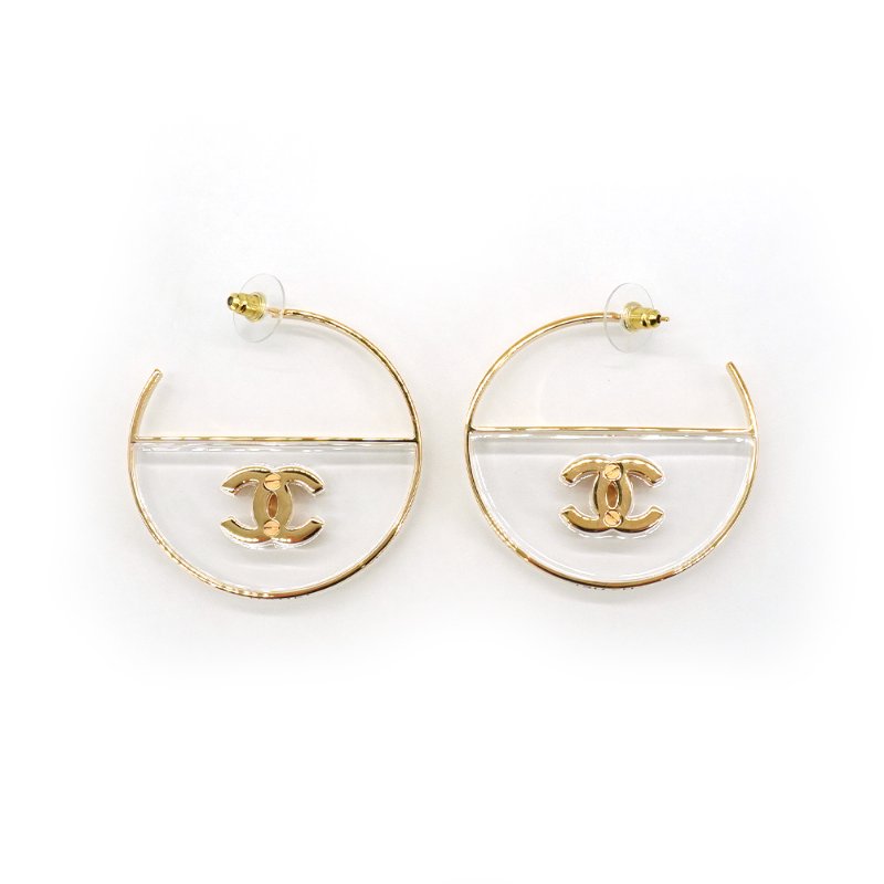 Chanel 圓框壓克力雙C logo耳環(金)-3