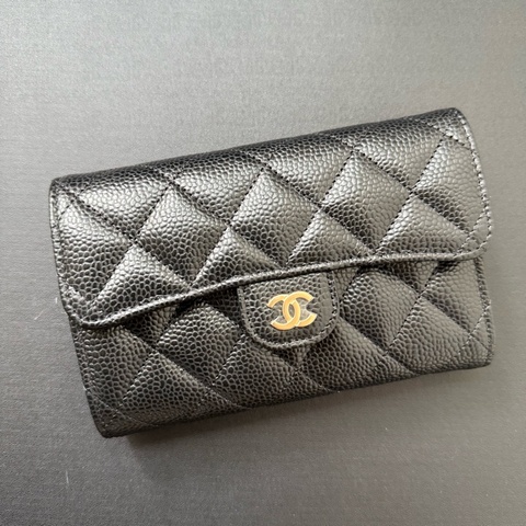 Chanel 黑色荔枝牛皮 金釦 中夾 錢包 銀包