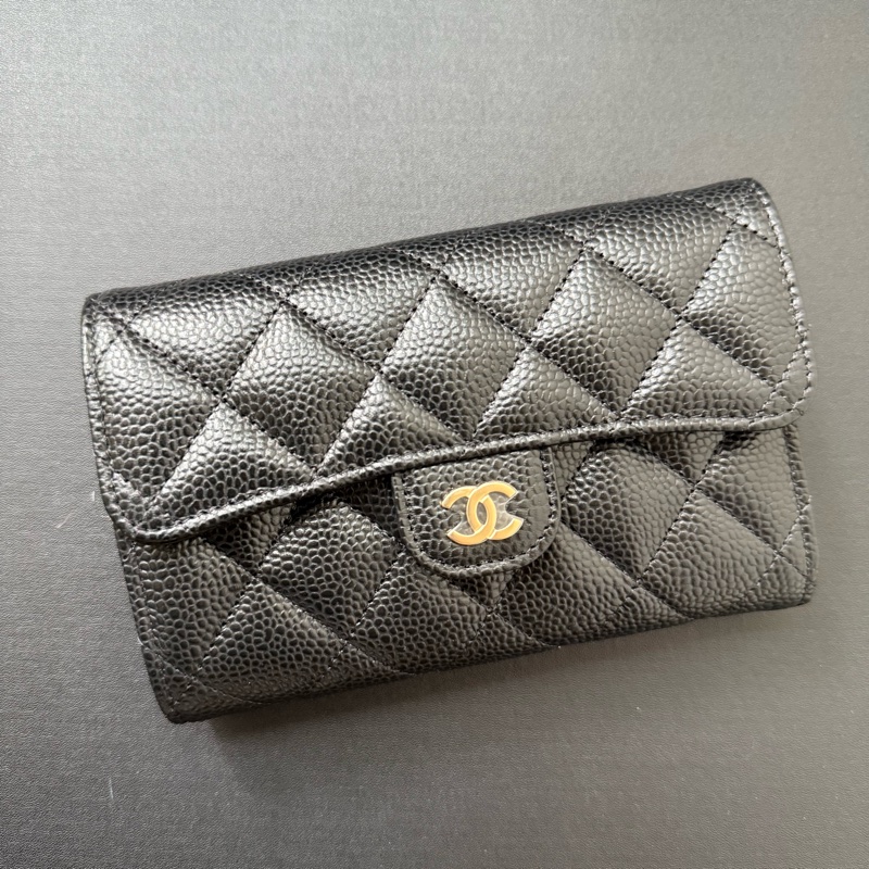 Chanel 黑色荔枝牛皮 金釦 中夾 錢包 銀包-0