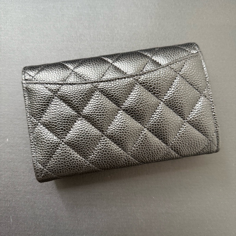 Chanel 黑色荔枝牛皮 金釦 中夾 錢包 銀包-1