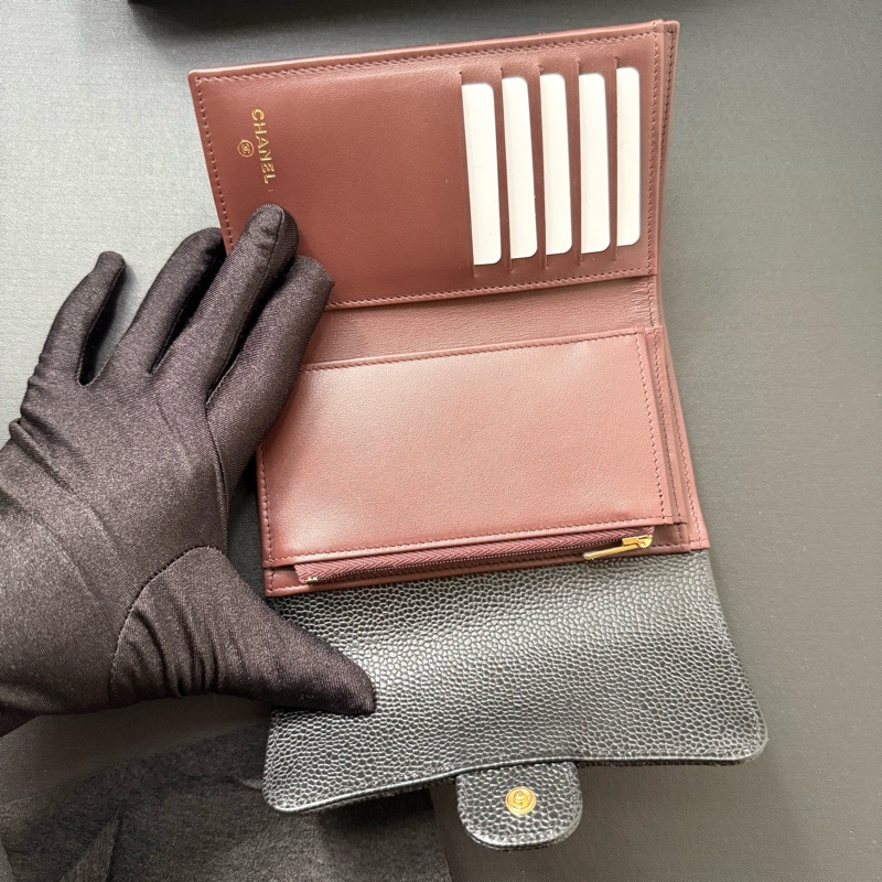 Chanel 黑色荔枝牛皮 金釦 中夾 錢包 銀包-3