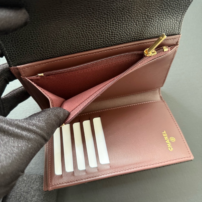 Chanel 黑色荔枝牛皮 金釦 中夾 錢包 銀包-5