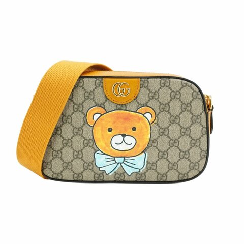 Gucci X  KAI聯名款 泰迪熊帆布斜背相機包(574886-焦糖色)