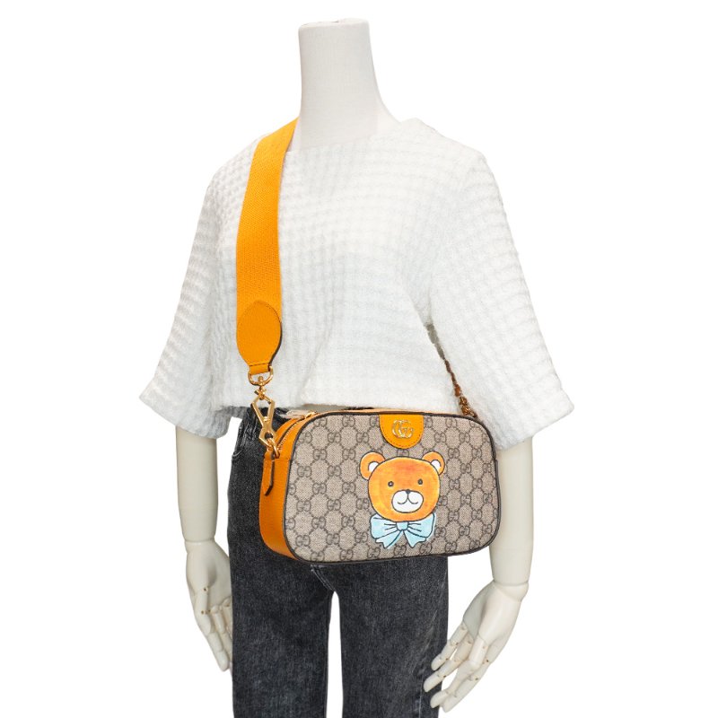 Gucci X  KAI聯名款 泰迪熊帆布斜背相機包(574886-焦糖色)-5