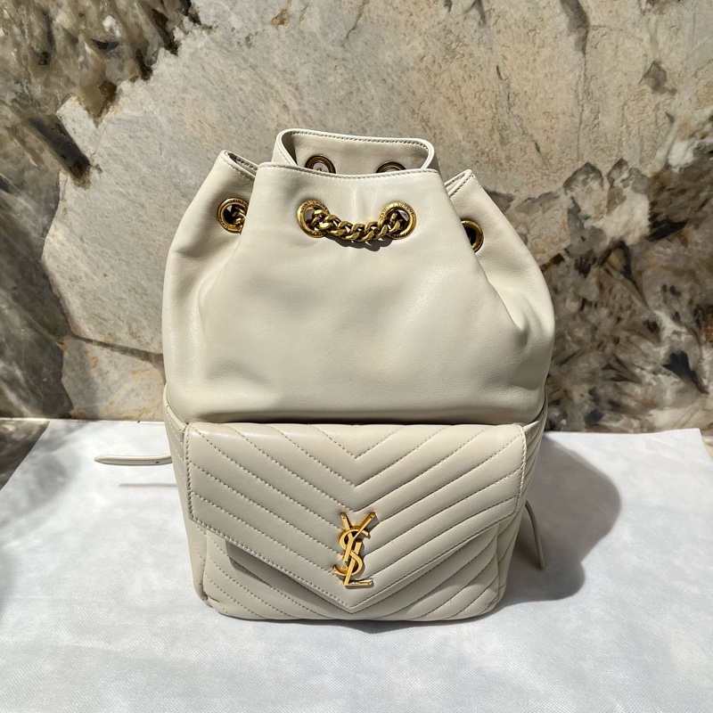 YSL-Saint Laurent灰白色羊皮Y型金鏈後背包-0