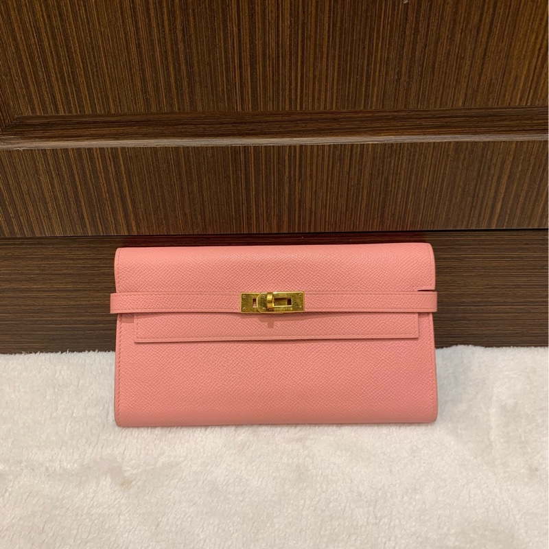 Hermes愛馬仕櫻花粉金扣Kelly長款錢包-0